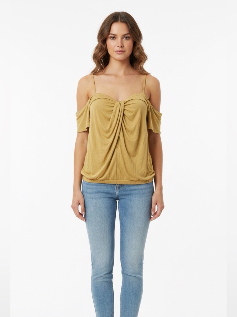 Gimmicks M Mustard Yellow Gold Off Cold Shoulder Twist Front Top Blouse